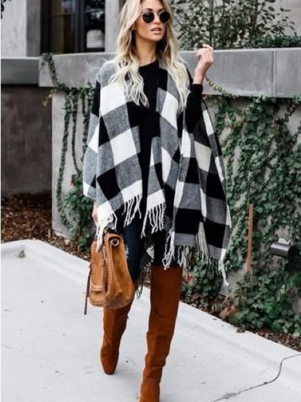 Women's Black & White Buffalo Plaid Fringe Poncho Sweater